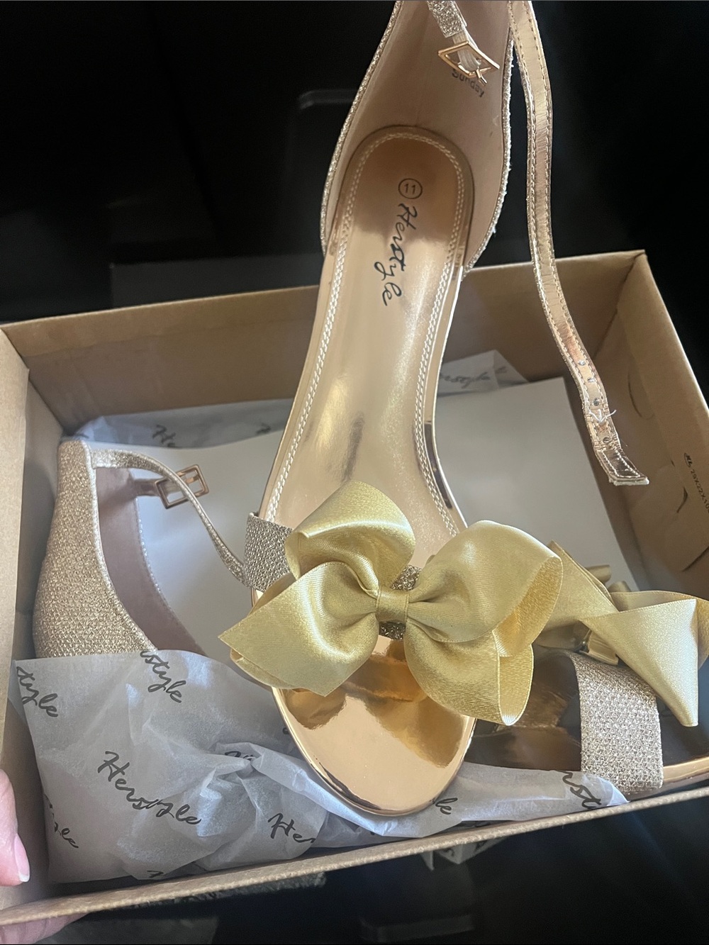 Herstyle Gold Satin Bow Slingback Heels